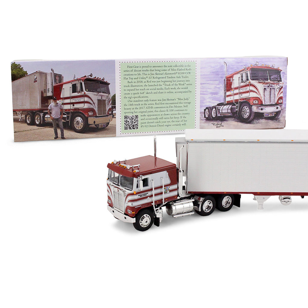 1:64th scale red and white diecast cab over truck model with white trailer with full color packaging on a clean white background
