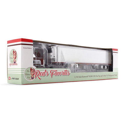 1:64th scale red and white diecast cab over truck model with white trailer in full color packaging on a clean white background