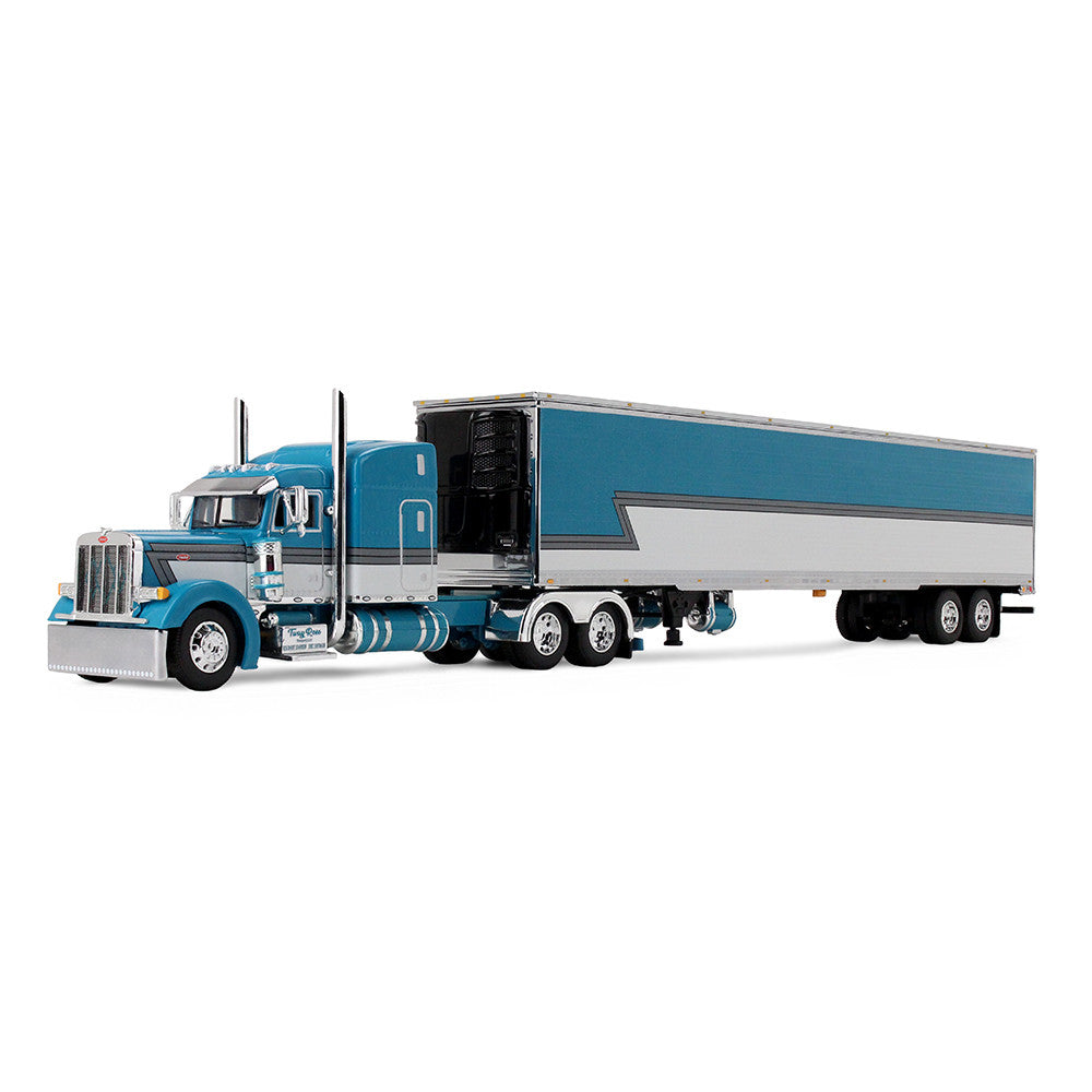 Blue and white semi-truck with trailer on a white background