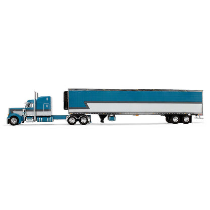 Blue and white semi-truck with trailer on a white background