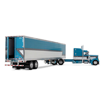 Blue and white semi-truck with trailer on a white background