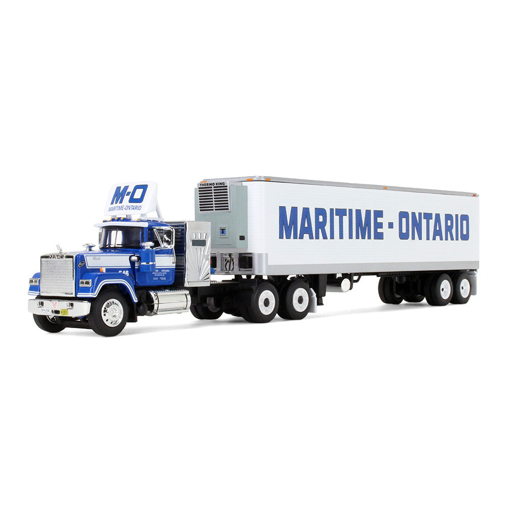 A die-cast model of a semi-truck with a blue cab and a white refrigerated trailer printed with 'MARITIME - ONTARIO' in blue, shown on a clean white background.