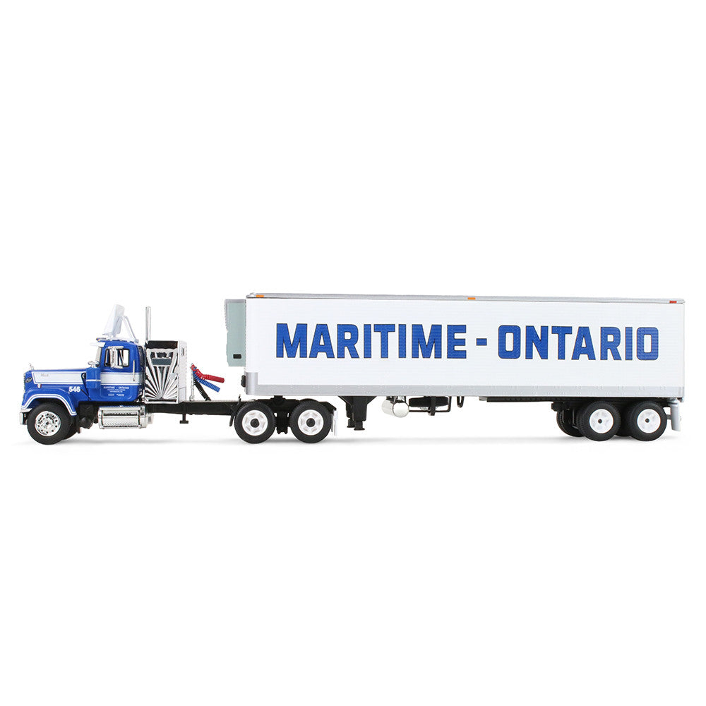 A scale model of a blue and white semi-truck pulling a white refrigerated trailer with 'MARITIME - ONTARIO' printed in blue on the side, shown against a plain white background.
