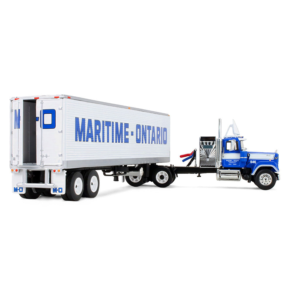 A die-cast model of a semi-truck with a blue cab and a white refrigerated trailer printed with 'MARITIME - ONTARIO' in blue, shown on a clean white background.