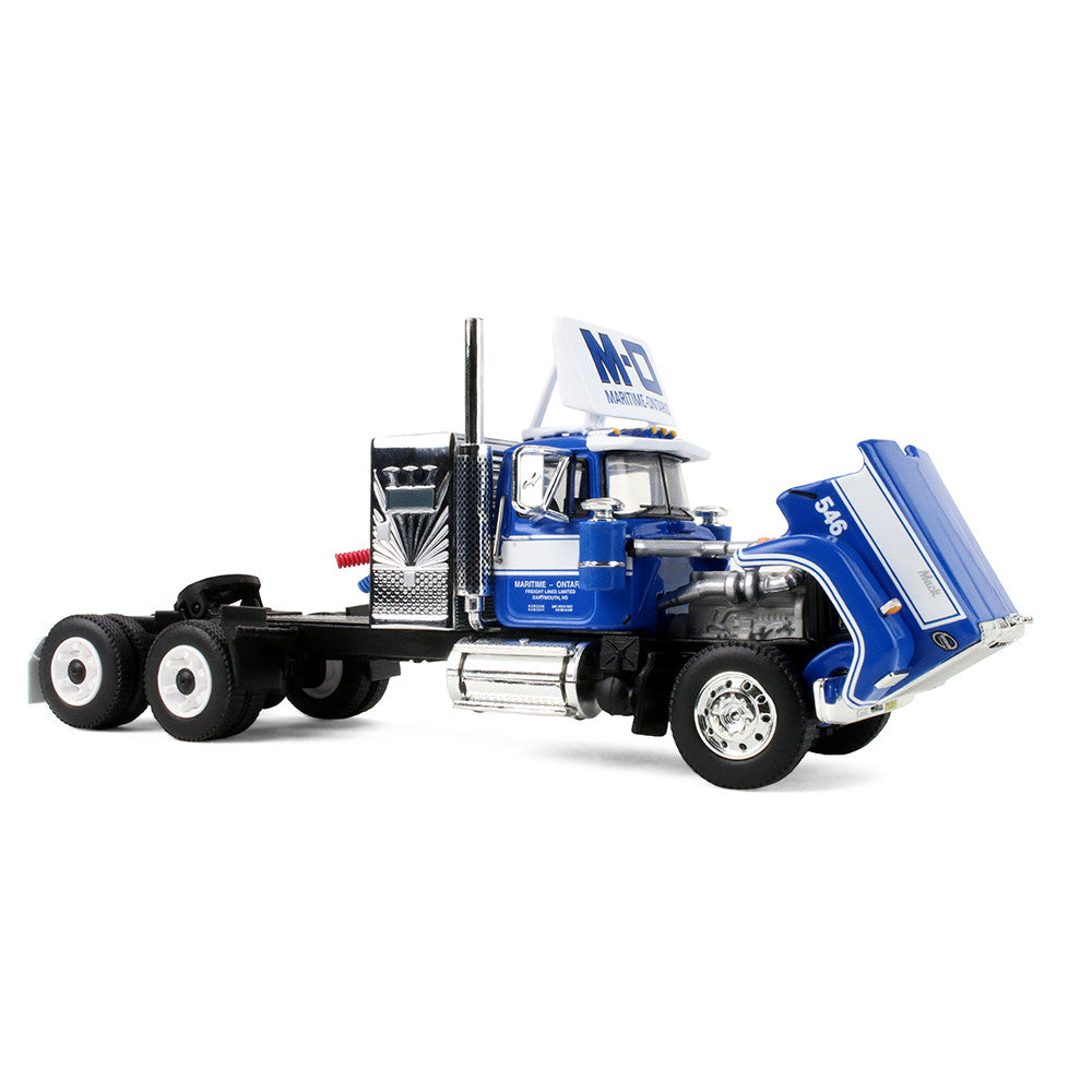 A die-cast metal model of a semi-truck cab with a blue and white livery, featuring 'M-O' and 'Maritime-Ontario' branding, displayed on a clean white background.