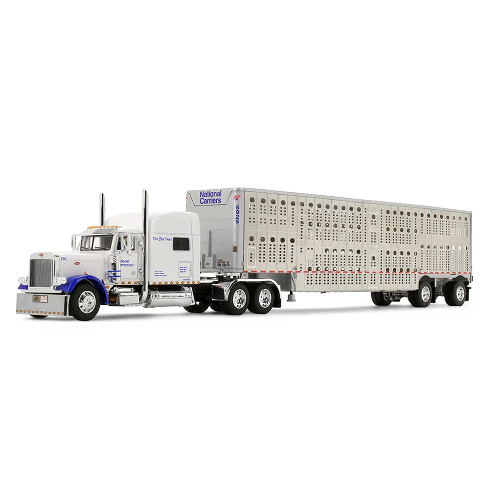A diecast model of a Peterbilt semi-truck with a silver livestock carrier trailer, featuring blue accents on the cab and 'National Carriers' branding on the trailer, set against a plain white background.