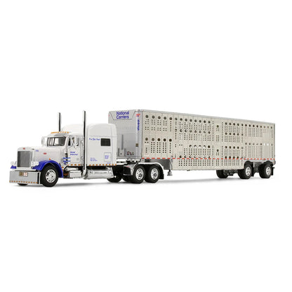 A diecast model of a Peterbilt semi-truck with a silver livestock carrier trailer, featuring blue accents on the cab and 'National Carriers' branding on the trailer, set against a plain white background.