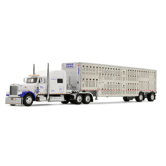 A diecast model of a Peterbilt semi-truck with a silver livestock carrier trailer, featuring blue accents on the cab and 'National Carriers' branding on the trailer, set against a plain white background.