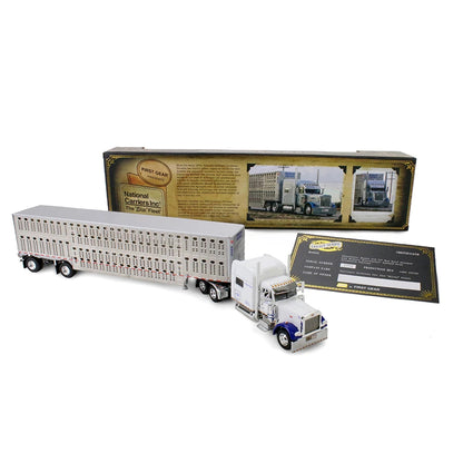 A die-cast model of a National Carrier Inc. semi-truck with a livestock carrier trailer, shown alongside its original packaging box and a collector's information card on a white background.