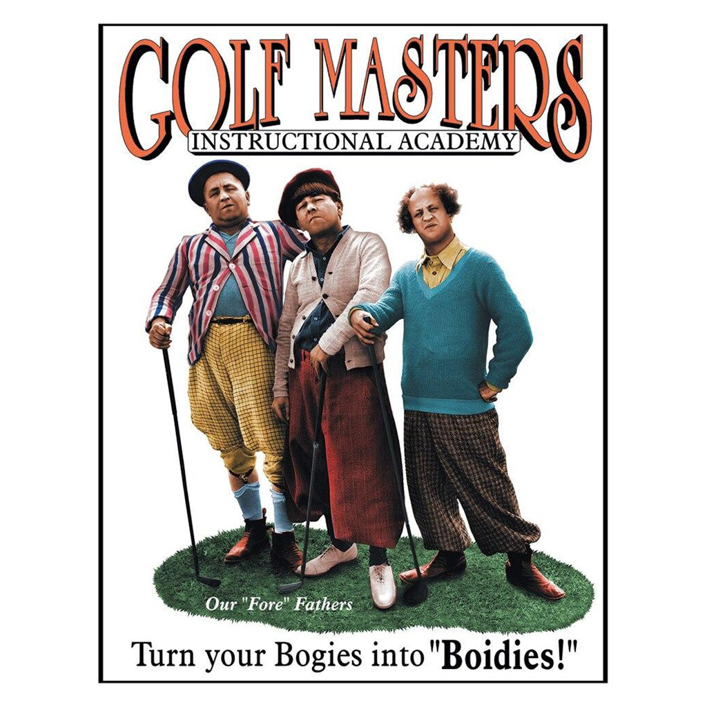 Advertisement for 'Golf Masters Instructional Academy' featuring three men in vintage clothing on a grassy patch.