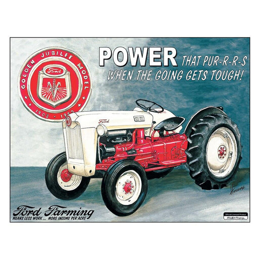 Vintage-style advertisement for a red tractor with text about power and farming.
