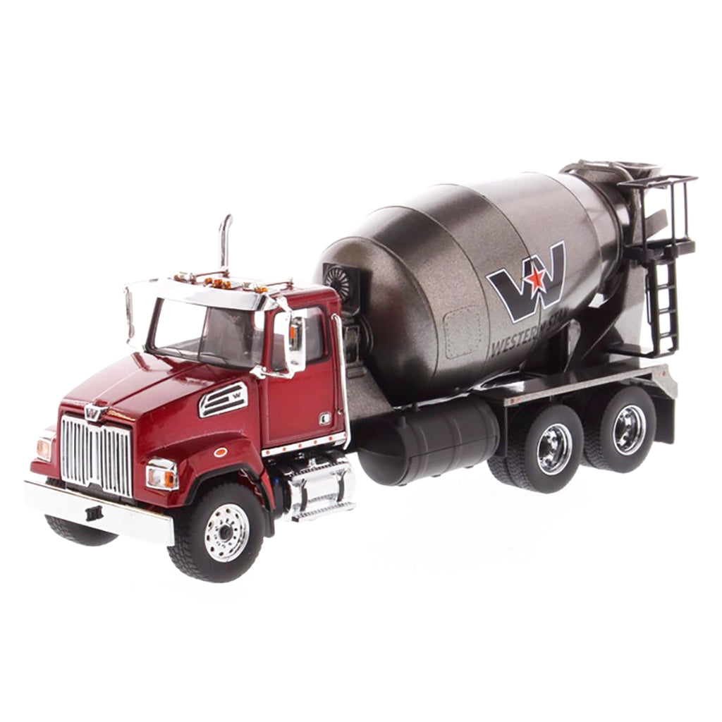 Model of a red cement truck with a black mixer on a white background