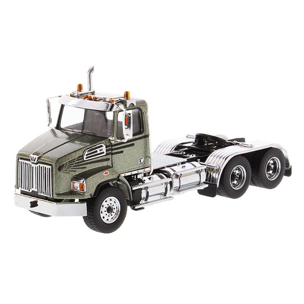 1:50 Scale Diecast Model Western Star 4700 Day Cab Tandem-Axle Tractor in Olive Green on a White Background
