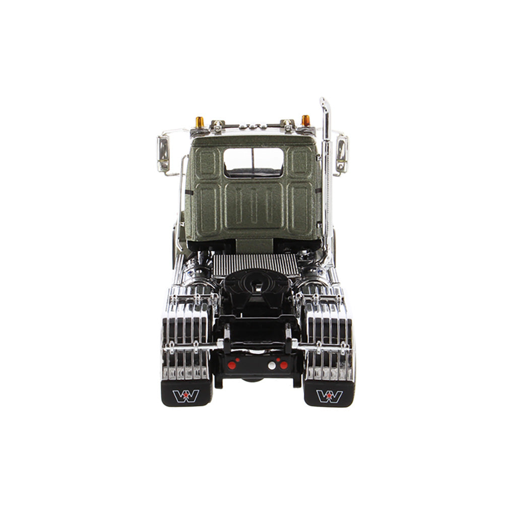 1:50 Scale Diecast Model Western Star 4700 Day Cab Tandem-Axle Tractor in Olive Green on a White Background