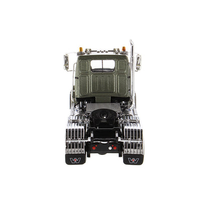 1:50 Scale Diecast Model Western Star 4700 Day Cab Tandem-Axle Tractor in Olive Green on a White Background