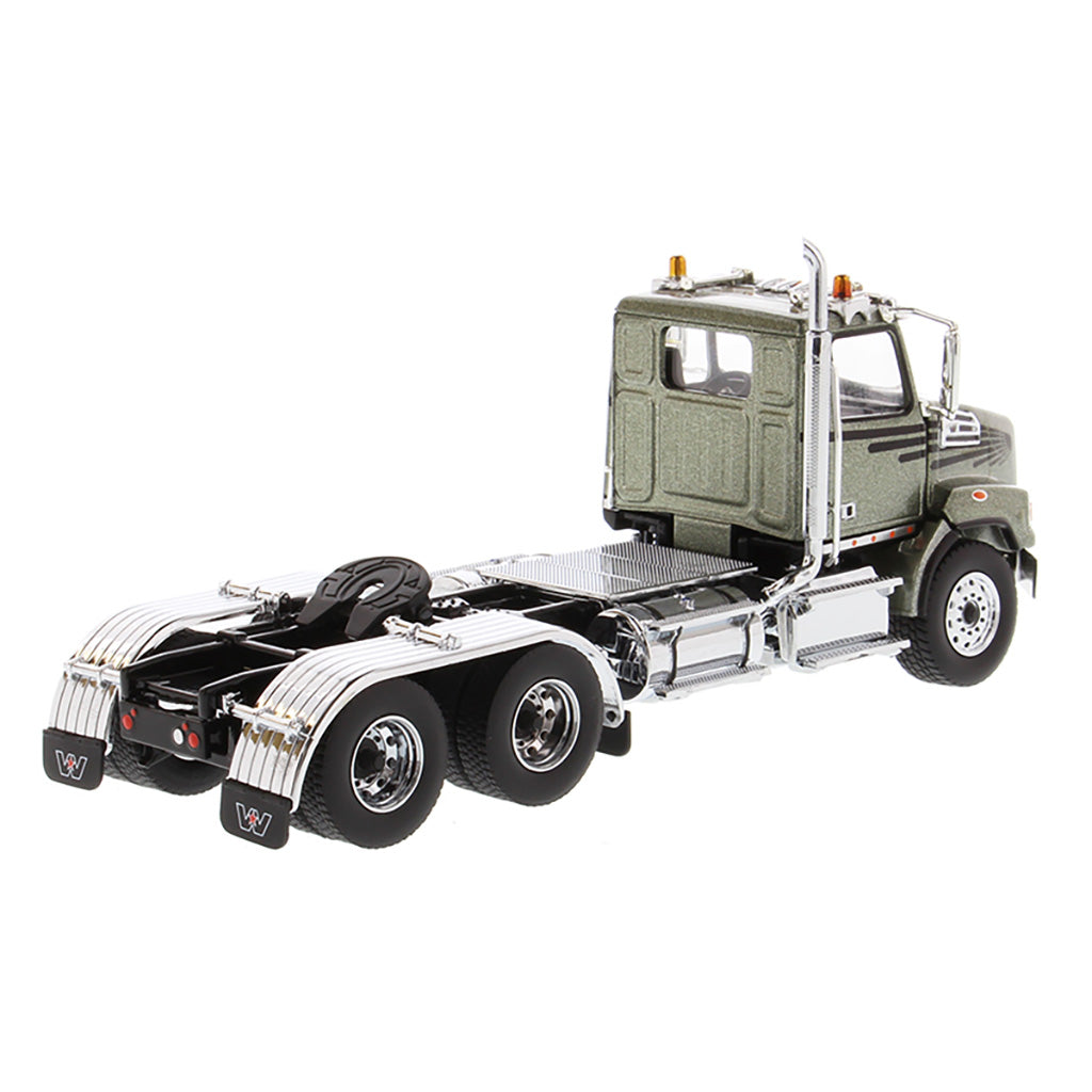 1:50 Scale Diecast Model Western Star 4700 Day Cab Tandem-Axle Tractor in Olive Green on a White Background