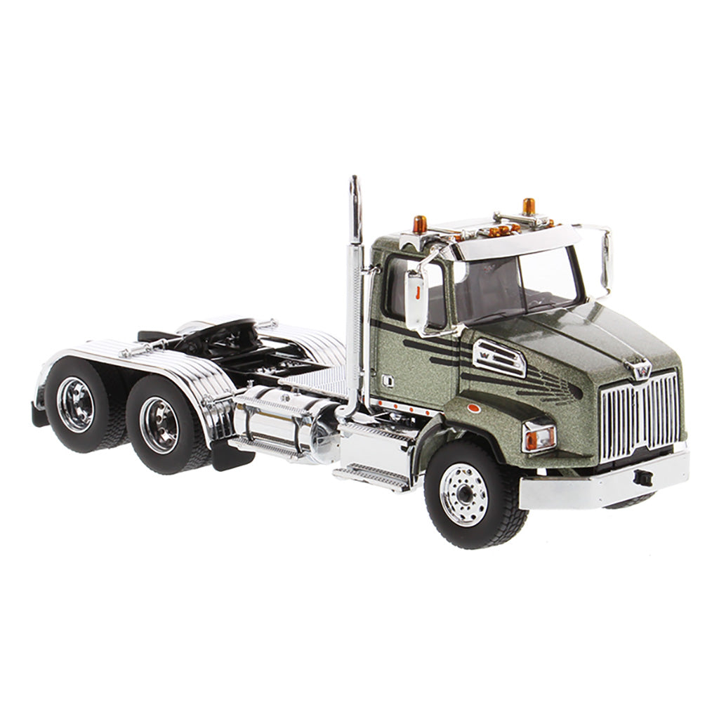 1:50 Scale Diecast Model Western Star 4700 Day Cab Tandem-Axle Tractor in Olive Green on a White Background