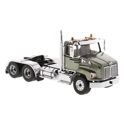 1:50 Scale Diecast Model Western Star 4700 Day Cab Tandem-Axle Tractor in Olive Green on a White Background