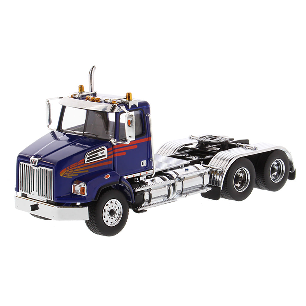 1:50 Scale Diecast Model Western Star 4700 Day Cab Tandem-Axle Tractor in Blue on a White Background