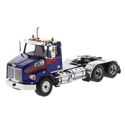 1:50 Scale Diecast Model Western Star 4700 Day Cab Tandem-Axle Tractor in Blue on a White Background