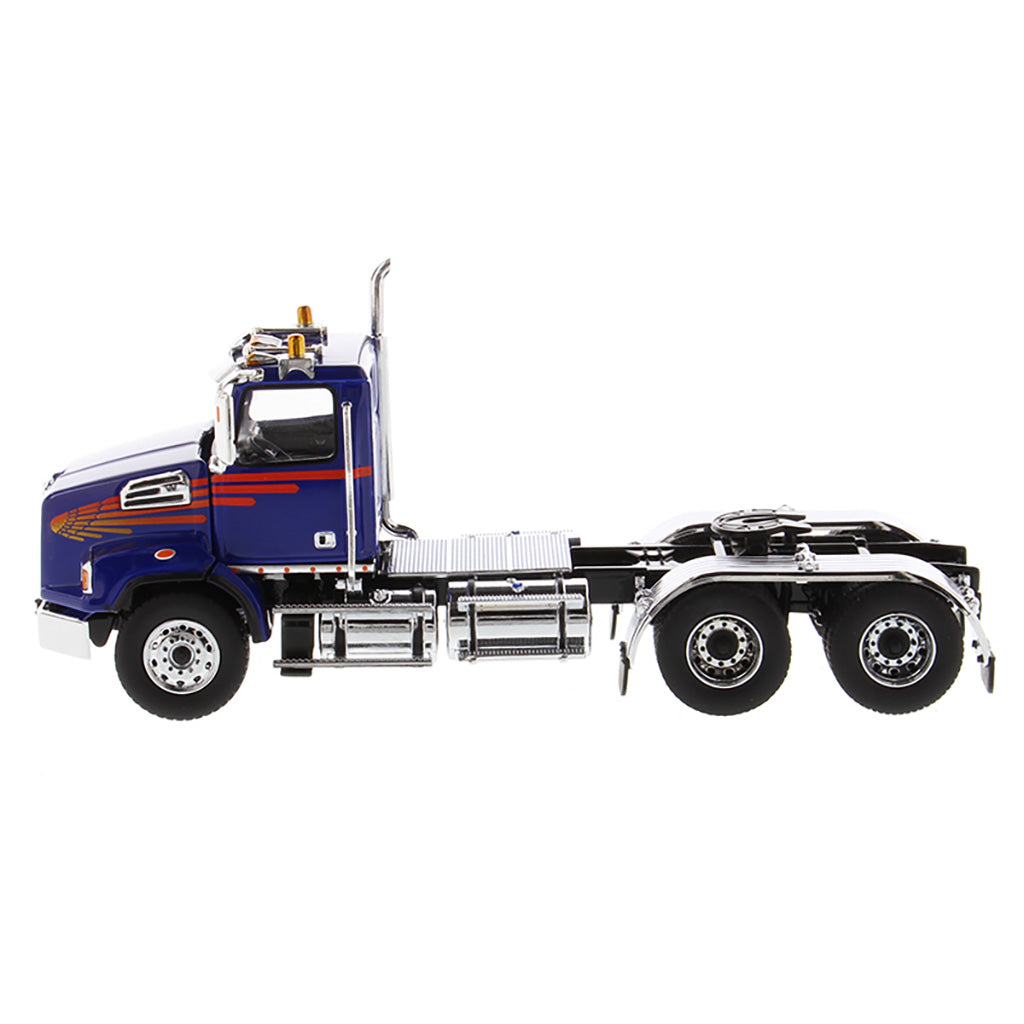 1:50 Scale Diecast Model Western Star 4700 Day Cab Tandem-Axle Tractor in Blue on a White Background