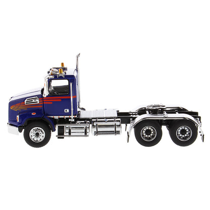 1:50 Scale Diecast Model Western Star 4700 Day Cab Tandem-Axle Tractor in Blue on a White Background