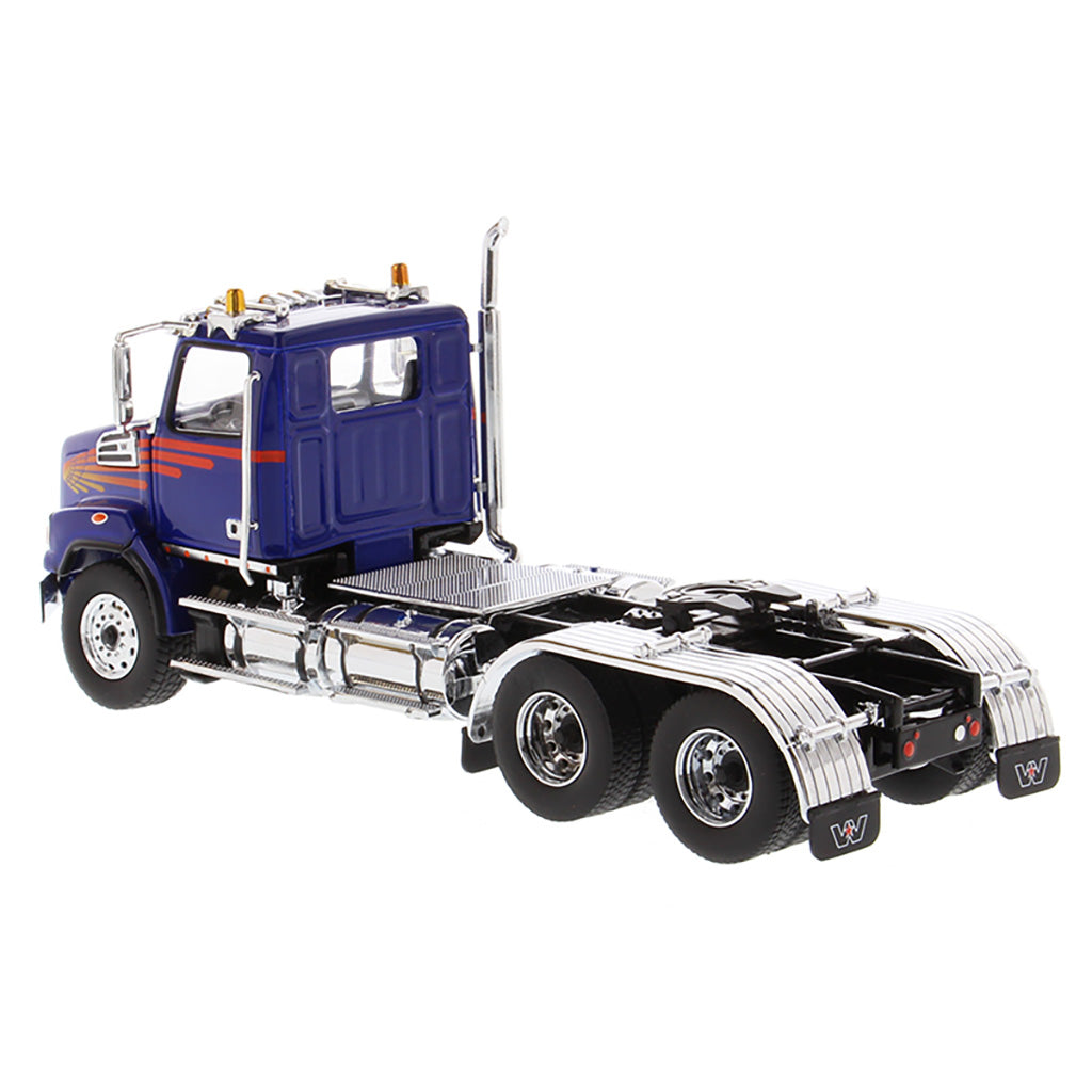 1:50 Scale Diecast Model Western Star 4700 Day Cab Tandem-Axle Tractor in Blue on a White Background