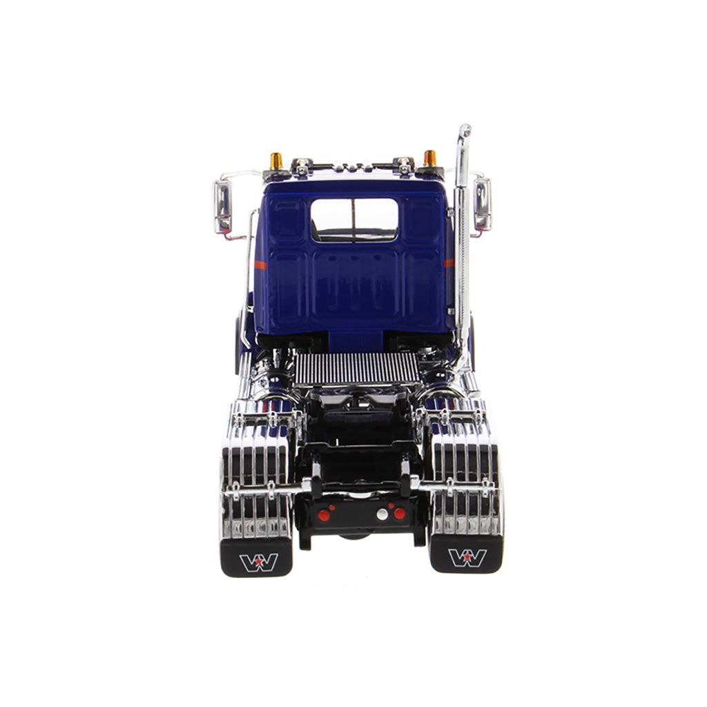 1:50 Scale Diecast Model Western Star 4700 Day Cab Tandem-Axle Tractor in Blue on a White Background