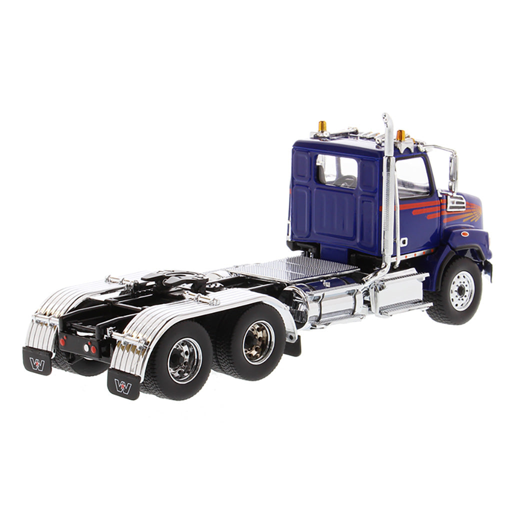 1:50 Scale Diecast Model Western Star 4700 Day Cab Tandem-Axle Tractor in Blue on a White Background
