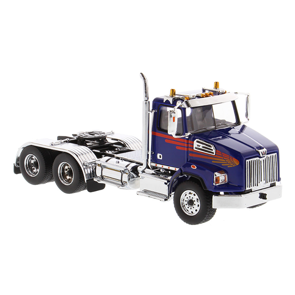 1:50 Scale Diecast Model Western Star 4700 Day Cab Tandem-Axle Tractor in Blue on a White Background