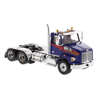 1:50 Scale Diecast Model Western Star 4700 Day Cab Tandem-Axle Tractor in Blue on a White Background