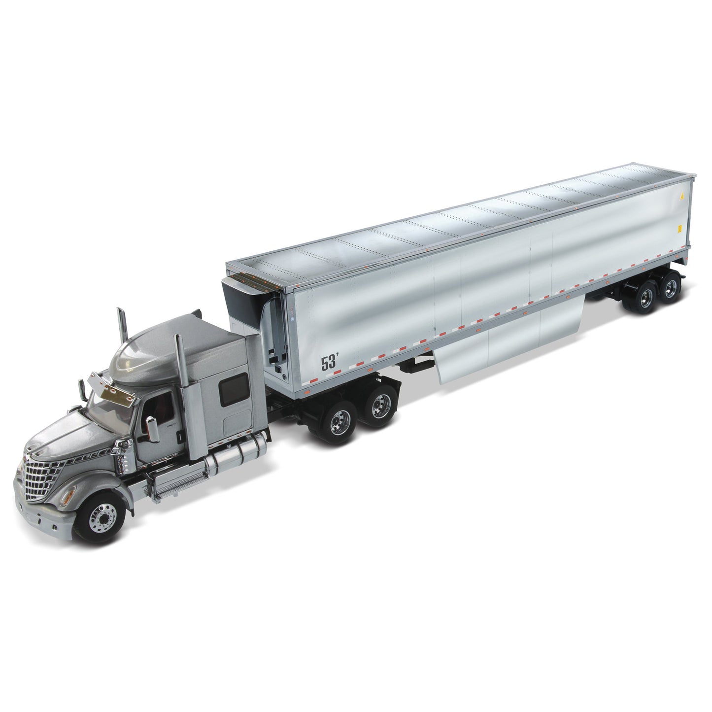 A detailed model of a silver semi-truck cab with a matching silver enclosed trailer, shown from a three-quarters perspective on a clean white background.