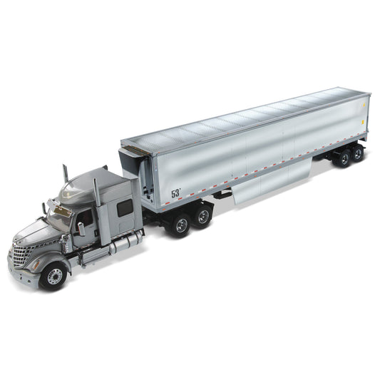 A detailed model of a silver semi-truck cab with a matching silver enclosed trailer, shown from a three-quarters perspective on a clean white background.