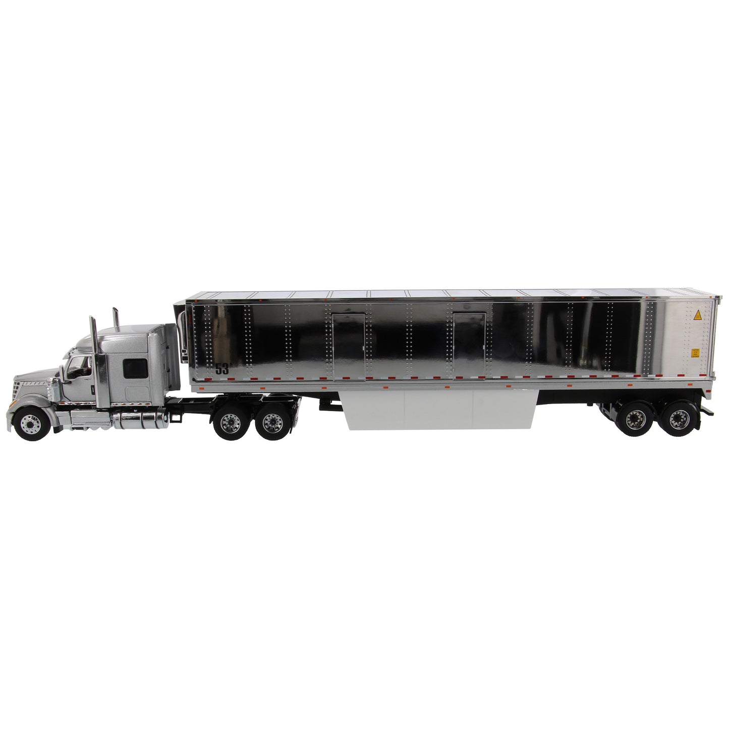 Model of a Silver International LoneStar Tandem Axle Mid-Roof Sleeper Tractor pulling a chrome plated 53' Refrigerated Freight Van Trailer on a white background