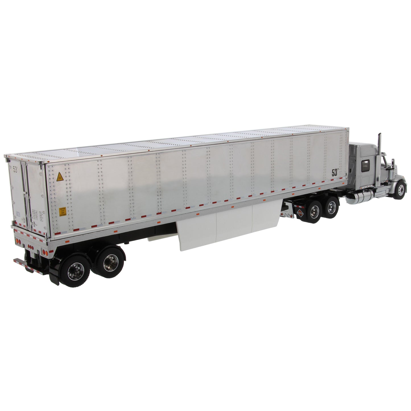 Model of a Silver International LoneStar Tandem Axle Mid-Roof Sleeper Tractor pulling a chrome plated 53' Refrigerated Freight Van Trailer on a white background