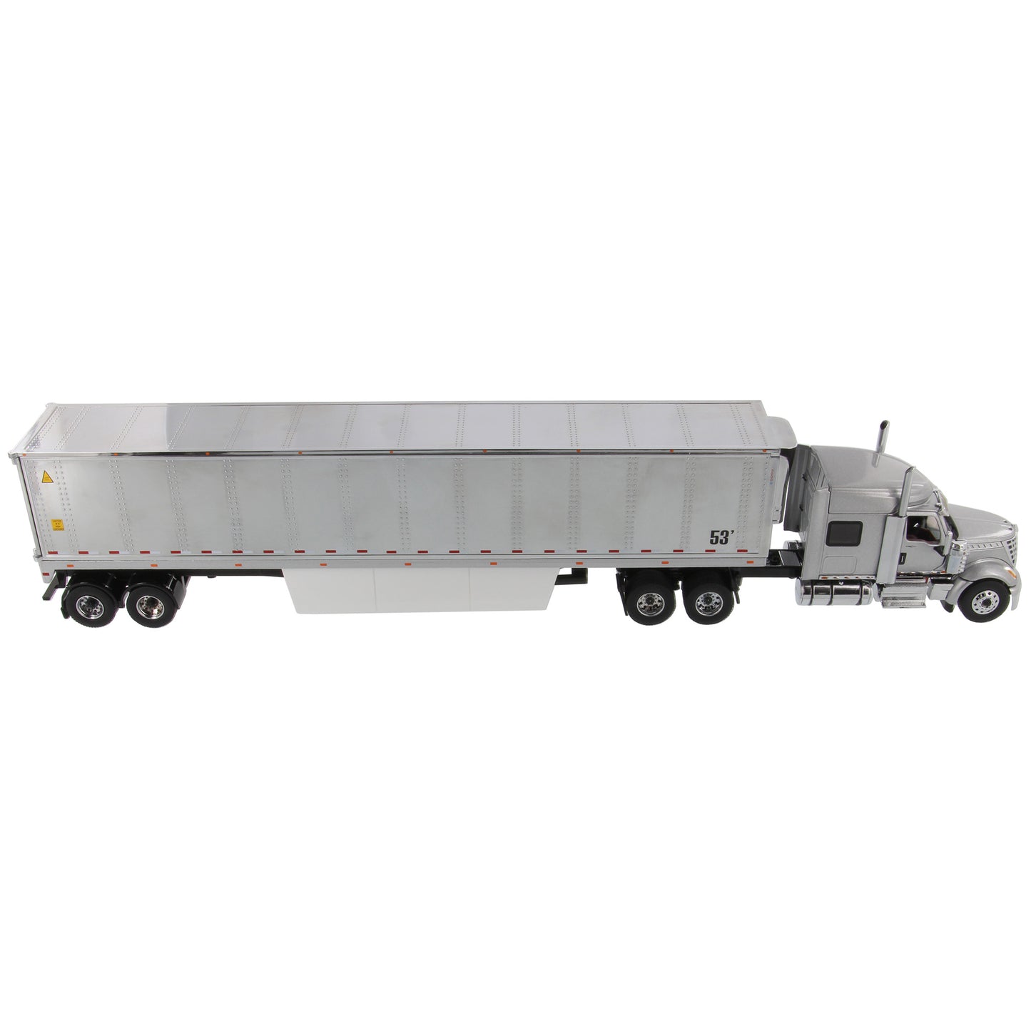 Model of a Silver International LoneStar Tandem Axle Mid-Roof Sleeper Tractor pulling a chrome plated 53' Refrigerated Freight Van Trailer on a white background