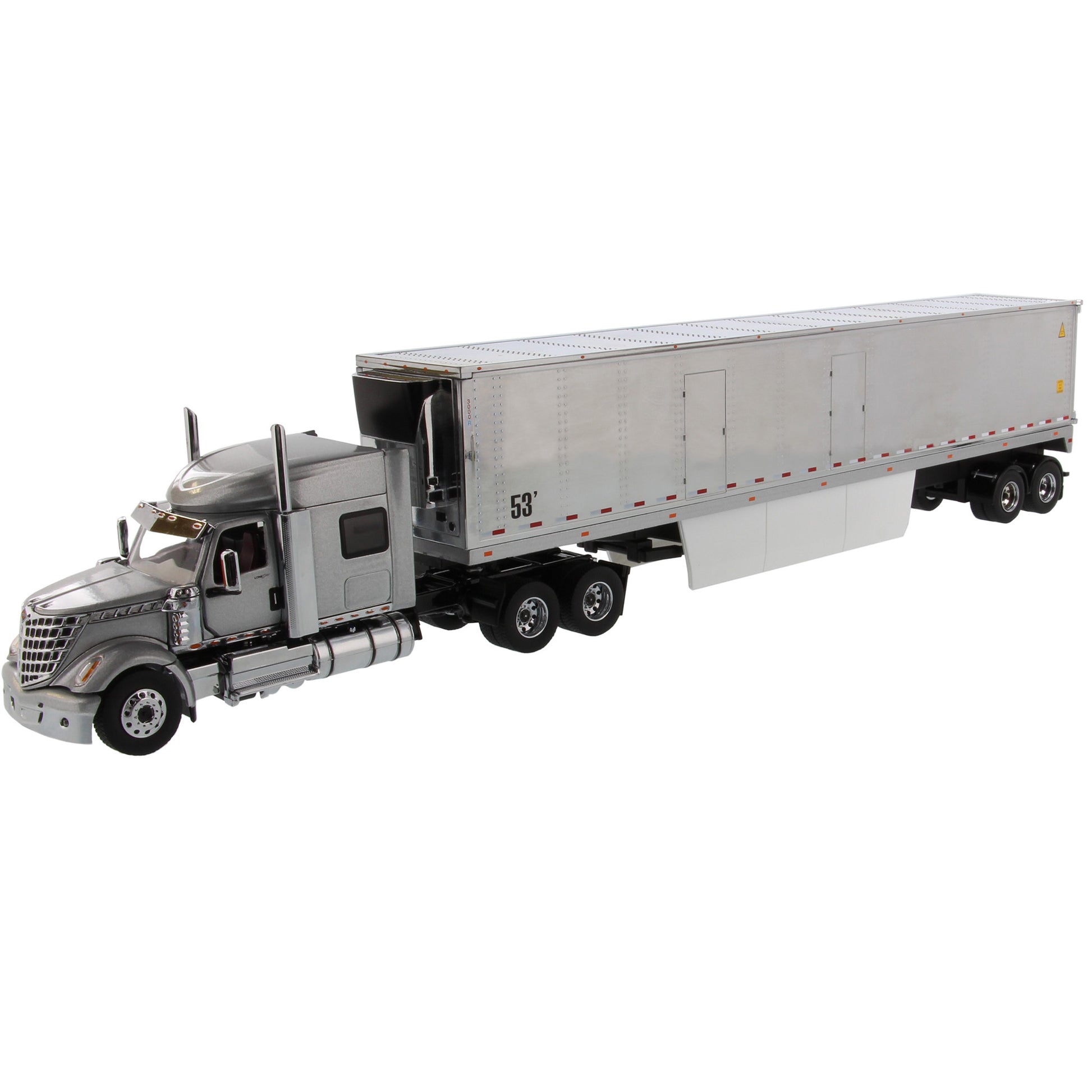 A detailed model of a silver semi-truck cab with a matching silver box trailer, shown from a three-quarters perspective on a solid white background.