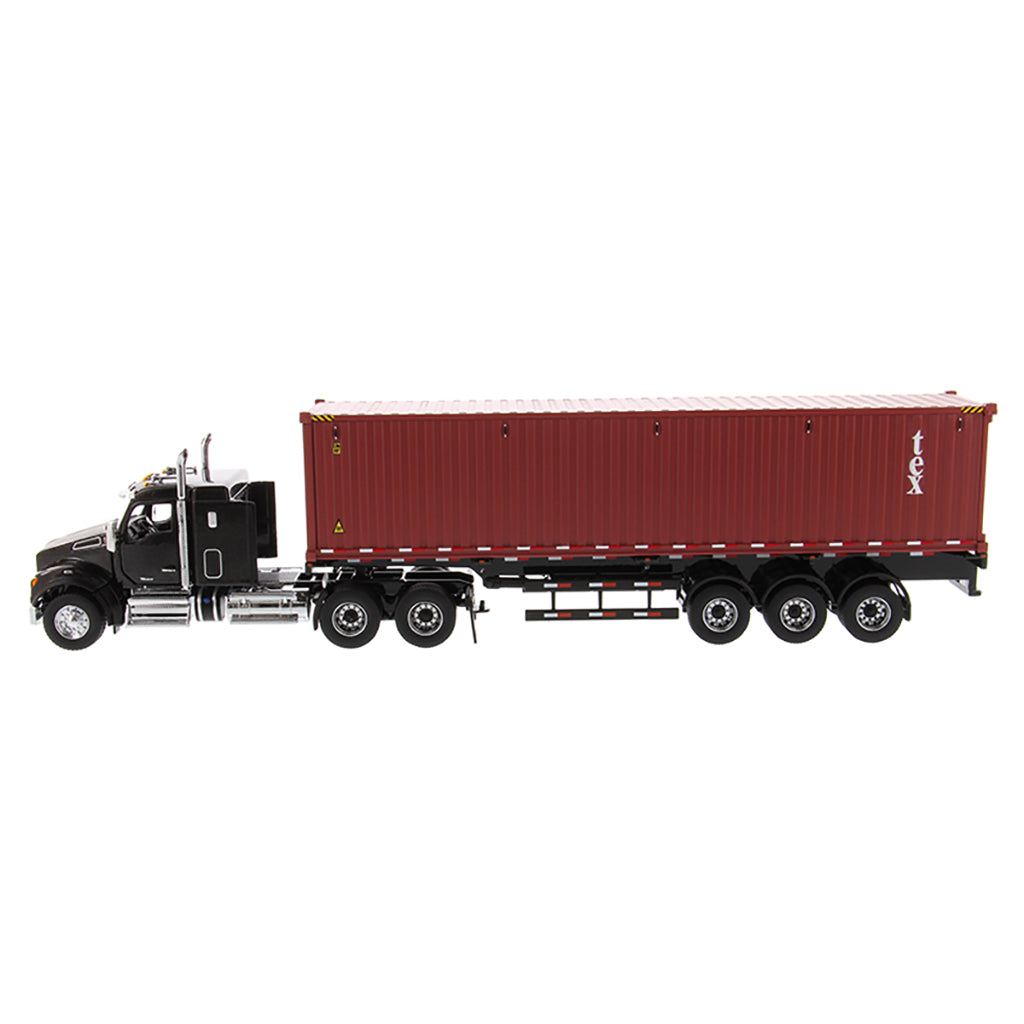 Kenworth T880 SFFA Sleeper Tractor (Black) w/40' Sea Container Trailer "tex" (Red), & Chassis (Black)