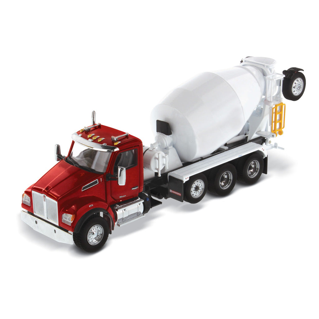 Model of a Red & White Kenworth T880 Concrete Ready-Mix Truck with McNeilus Bridgemaster Concrete Mixer Body on a White Background