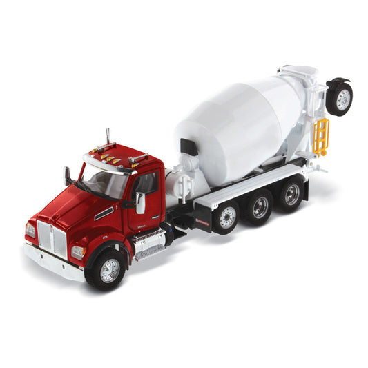 Model of a Red & White Kenworth T880 Concrete Ready-Mix Truck with McNeilus Bridgemaster Concrete Mixer Body on a White Background