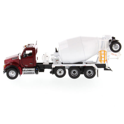 Model of a Red & White Kenworth T880 Concrete Ready-Mix Truck with McNeilus Bridgemaster Concrete Mixer Body on a White Background