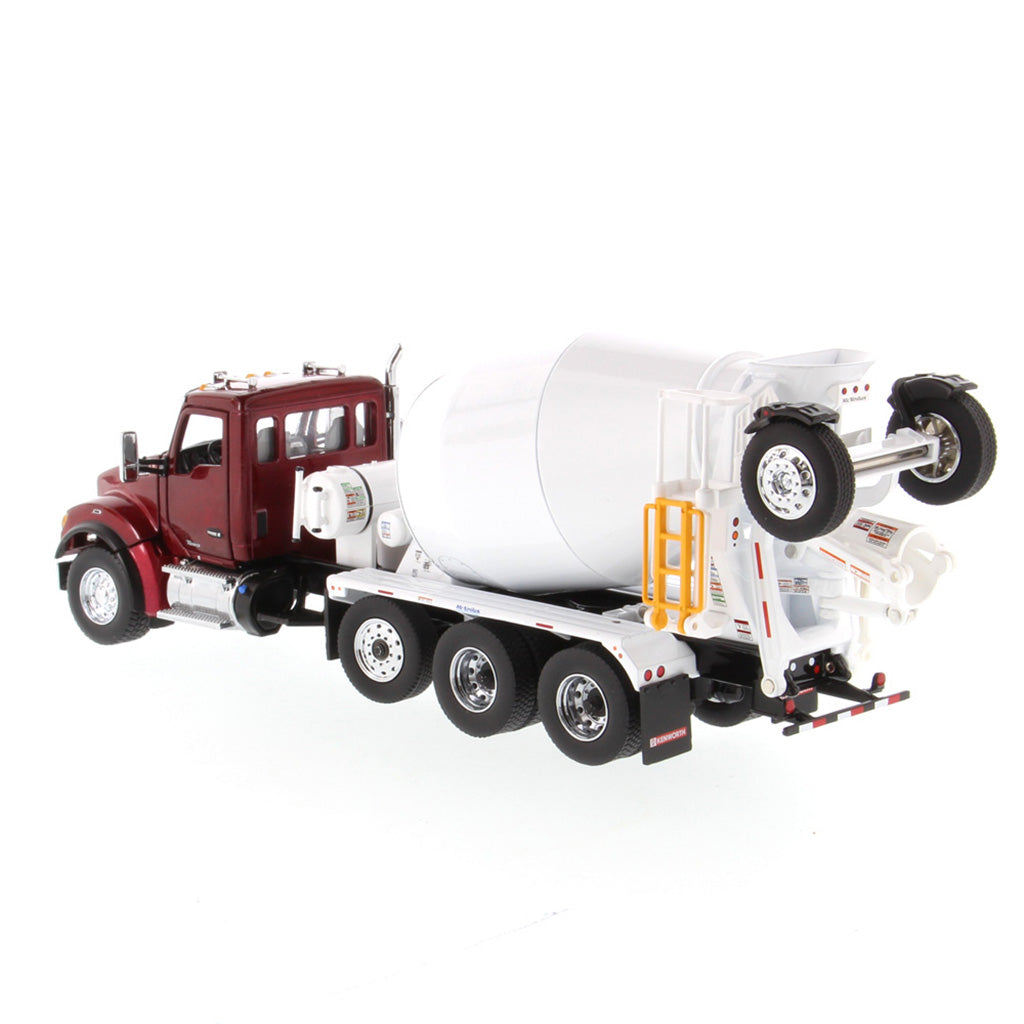 Model of a Red & White Kenworth T880 Concrete Ready-Mix Truck with McNeilus Bridgemaster Concrete Mixer Body on a White Background