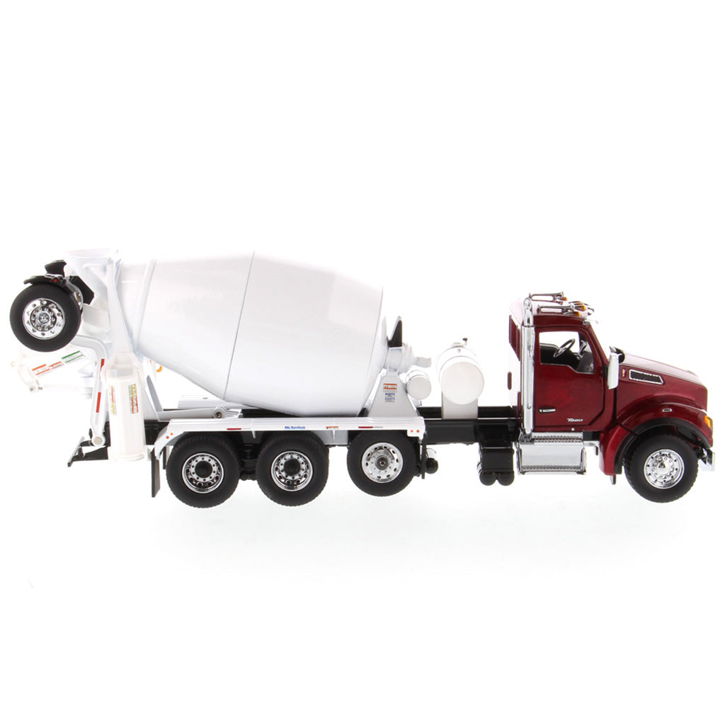 Model of a Red & White Kenworth T880 Concrete Ready-Mix Truck with McNeilus Bridgemaster Concrete Mixer Body on a White Background