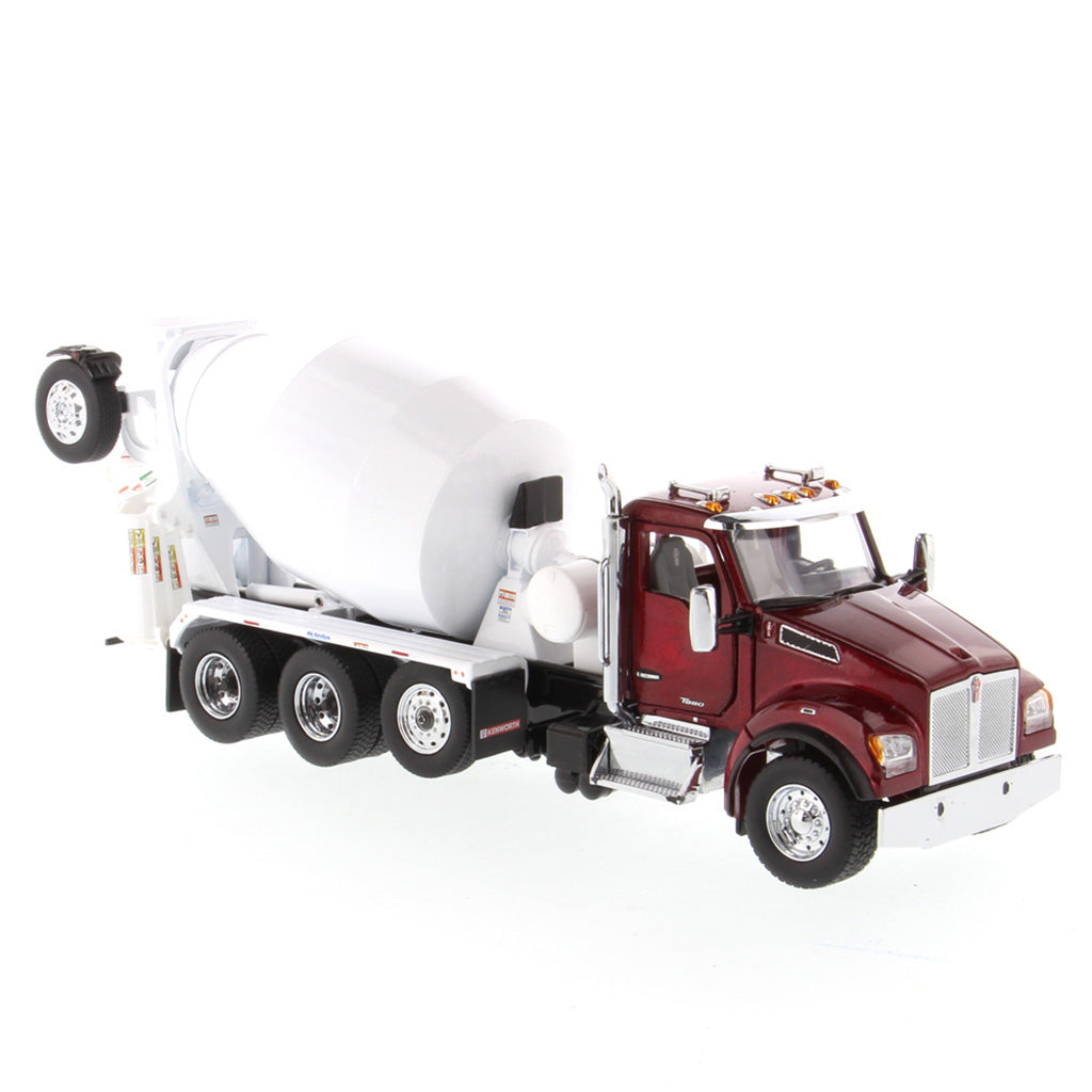 Model of a Red & White Kenworth T880 Concrete Ready-Mix Truck with McNeilus Bridgemaster Concrete Mixer Body on a White Background