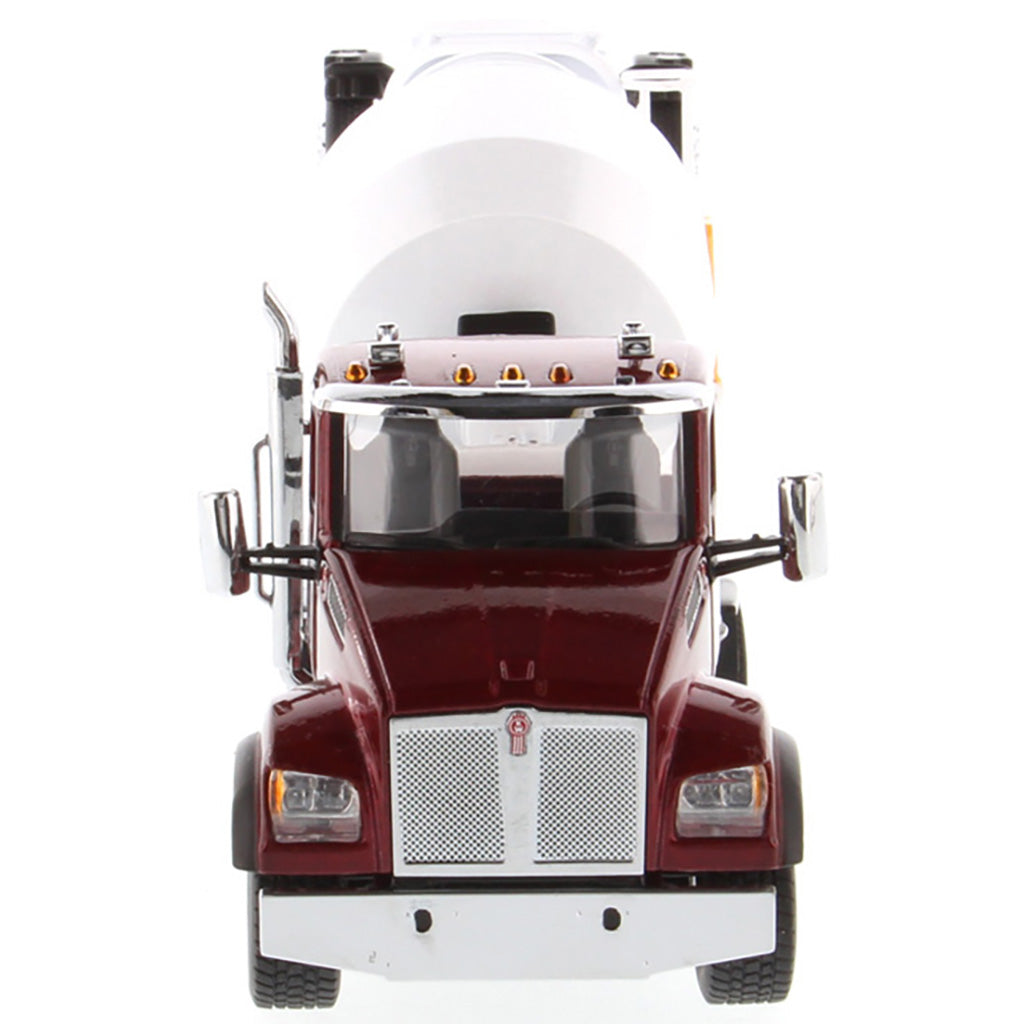 Model of a Red & White Kenworth T880 Concrete Ready-Mix Truck with McNeilus Bridgemaster Concrete Mixer Body on a White Background