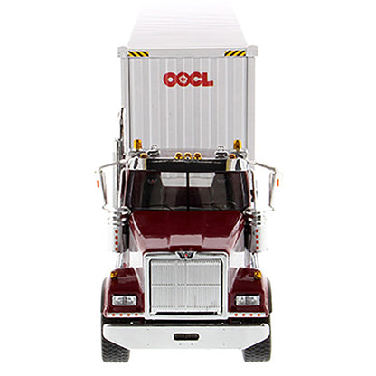 1:50th Scale Model of a Western Star 4900 Day Cab w/40' Sea Container Trailer "OOCL - Orient Overseas Container Line", & Chassis on a White Background
