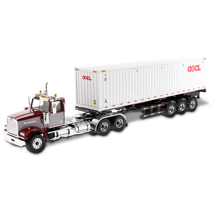 1:50th Scale Model of a Western Star 4900 Day Cab w/40' Sea Container Trailer "OOCL - Orient Overseas Container Line", & Chassis on a White Background