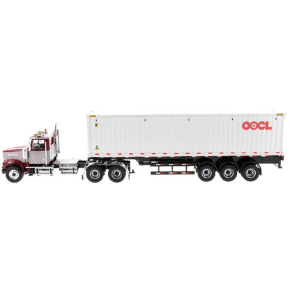 1:50th Scale Model of a Western Star 4900 Day Cab w/40' Sea Container Trailer "OOCL - Orient Overseas Container Line", & Chassis on a White Background