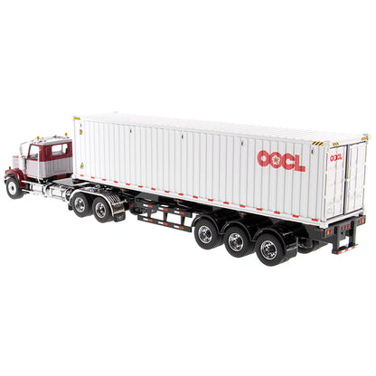 1:50th Scale Model of a Western Star 4900 Day Cab w/40' Sea Container Trailer "OOCL - Orient Overseas Container Line", & Chassis on a White Background