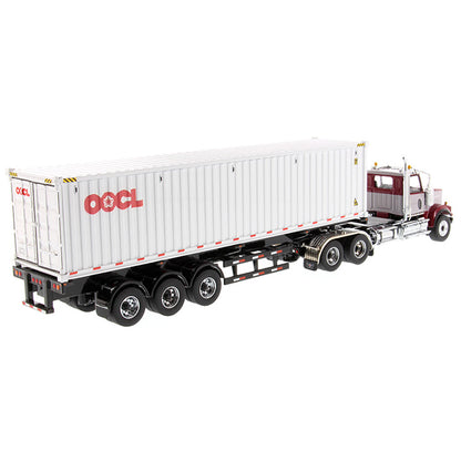 1:50th Scale Model of a Western Star 4900 Day Cab w/40' Sea Container Trailer "OOCL - Orient Overseas Container Line", & Chassis on a White Background